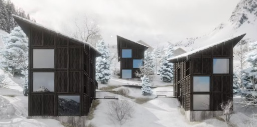 Visualisierung der Chalets von Contur Surselva im Schnee